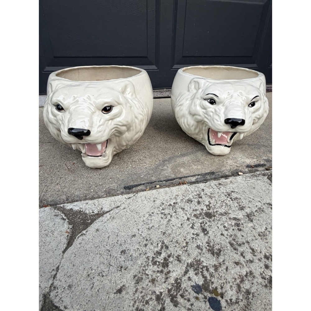 Pair Vintage Ceramic Roaring Tiger Bear Head Planters MCM Hollywood Regency